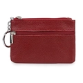 Red genuine leather coin purse with metallic keychain and front zipper pocket - Burgundy