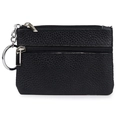 Compact black PU leather coin purse with double zippers and metal keychain accessory - Black
