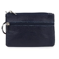 Dark blue genuine leather coin purse with double zippers and metal keychain ring - Sapphire Blue