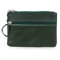Green litchi grain genuine leather coin purse with double zippers and key ring - Green