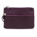 Purple genuine leather coin purse with double zippers and metal keychain ring - Purple