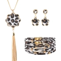 Detailed set of leopard print jewelry with fringe necklace, earrings, and magnetic bracelet - Flower Tassel Collection (Style 34)