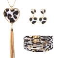 Three-piece leopard print jewelry set with heart pendant necklace and beaded bracelet - Heart Tassel Collection (Style 30)
