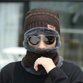 Men's winter knit beanie and neck warmer set in dark coffee with thick grey fleece lining - Hat and Neck Warmer Set / Coffee