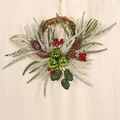Christmas wreath with green bells, pine cones, and snowy pine branches on a rattan base - Three Bells - Green