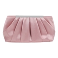 Elegant pink pleated satin evening clutch bag with silver metal frame and clasp closure - Pink