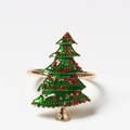 Rond de serviette sapin de Noël doré avec émail vert et strass rouges brillants - Sapin de Noël en Émail Vert