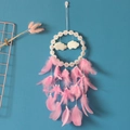 Pink and white feather dreamcatcher hanging with cloud charms and daisy details - No Light Version / Pink