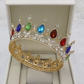Baroque bridal crown with multi-colored teardrop gems and small white rhinestones - Gold Base Multicolor + White Rhinestone