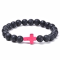 Lava rock stone bracelet with 8mm black beads and pink turquoise cross charm bead - Pink Turquoise