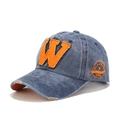Detail of navy washed denim baseball cap with orange W patch and side badge - Adjustable / Denim Blue