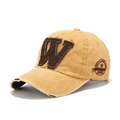 Detail of vintage washed cotton baseball cap with embroidered W patch and distressed brim - Adjustable / Yellow
