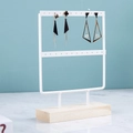 Detail of white metal double-layer earring stand with thick natural pine wood base - Small 2-Tier 24 Holes White