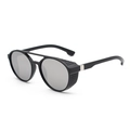 Lunettes de soleil steampunk rondes avec monture noire mate et verres miroir argentés - Monture Noire Miroir Argent