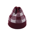 Detail of red and white checkered knit beanie featuring a thick ribbed cuff for winter - Wine Red and White Plaid (Adult)