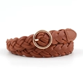 Vintage brown woven belt for women with a gold circular buckle and pin clasp - Camel