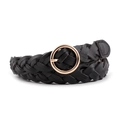 Braided black leather belt for women with elegant round gold buckle decoration - Black