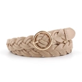 Beige braided waist belt for women with a minimalist round golden metal buckle - Khaki
