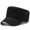 Men's black cotton military flat top cap with SPORT embroidery and metal eyelets - Adjustable / Black with Side Sport Embroidery