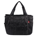 Quilted black nylon tote bag featuring durable handles and a distinctive red side label - Large / Black