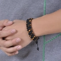 Adjustable double-row tiger eye and matte onyx beaded braided bracelet for men and women - 6mm Bead Diameter / Brown & Black / Three-Layer Woven (WB0301)