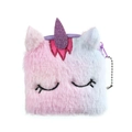 Plush unicorn coin purse featuring pink and blue gradient fur with sequin horn details - Rose Red