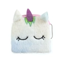 White plush unicorn coin purse with purple glitter horn and pink zipper detail - Light Green
