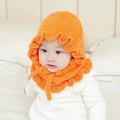 Warm orange knit baby hooded scarf with ruffle trim and adjustable neck ties - Orange