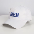 Close-up of blue DIEM letter embroidery on white cotton baseball cap with curved brim - Adjustable / White