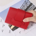 Short red tri-fold leather wallet for women featuring a minimalist drawstring buckle strap - Red