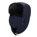 Winter bomber hat in navy blue with black faux fur lining and removable face mask - One Size / Navy Blue