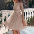 Sparkling champagne gold sequined long sleeve mini dress with a fitted waist for parties - S / Dresses / Champagne