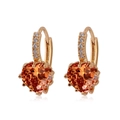 Golden leverback earrings featuring heart-shaped orange zircons and white stones - Heart Hoop Earrings / Gold Color-Yellow Zircon