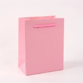 Pink paper gift bag detail with matching woven rope handles against a soft beige wall - Pink
