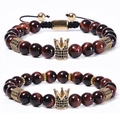 8mm Red Tiger Eye beaded bracelet with micro-pave zircon gold crown and black obsidian stones - 2 Pieces Set / Reddish Brown