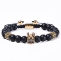 Men's matte black stone bead bracelet with gold micro-pave zircon crown charm - Natural Matte Stone (Woven)