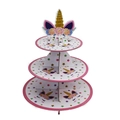 Three-tier unicorn party cupcake stand with pink floral patterns and star designs - Gold Glitter Unicorn
