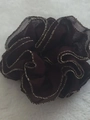 Elegant dark brown fabric hair scrunchie with silver stitched edges and layered ruffles - Coffee