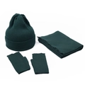 Three-piece dark green ribbed knit set featuring a beanie, long scarf, and fingerless gloves - Dark Green