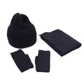 Conjunto de invierno de 3 piezas con gorro negro, bufanda larga y guantes sin dedos - Negro