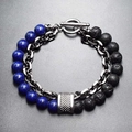 Mens beaded bracelet with blue stone beads black lava rock and metal link chains - Lapis Lazuli + Lava Stone