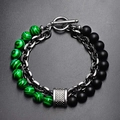 Men's double-row bracelet with matte black onyx, green malachite beads, and silver T-clasp - Green Peacock Stone + Matte Black Agate