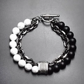 Double-layer bracelet featuring white marble stones, matte black beads and a metal cuban chain - White Howlite + Matte Black Agate