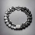 Men's double-layered beaded bracelet with map stone, lava rock beads and T-bar clasp - White Peacock Stone + Lava Stone