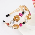 Double-layered gold headband with pink crystals, metal flowers and white pearls - Style 01-Gold