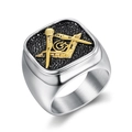 Vintage stainless steel Freemason signet ring with gold square and compass symbol - US 7 / Gold and Silver Square Logo Style (04404)