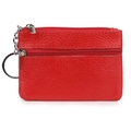 Red genuine leather coin purse with double zipper compartments and a metal keychain - Red
