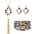 Three-piece leopard print jewelry set with gold fringe necklace, earrings and layered bracelet - Hollow Geometric Collection (Style 32)