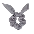 Grey satin bow scrunchie with long ribbon tails and a soft silky finish for hair styling - Gray