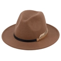 Camel wool felt fedora hat with black leather band and gold leaf metal accessory - Dark Camel